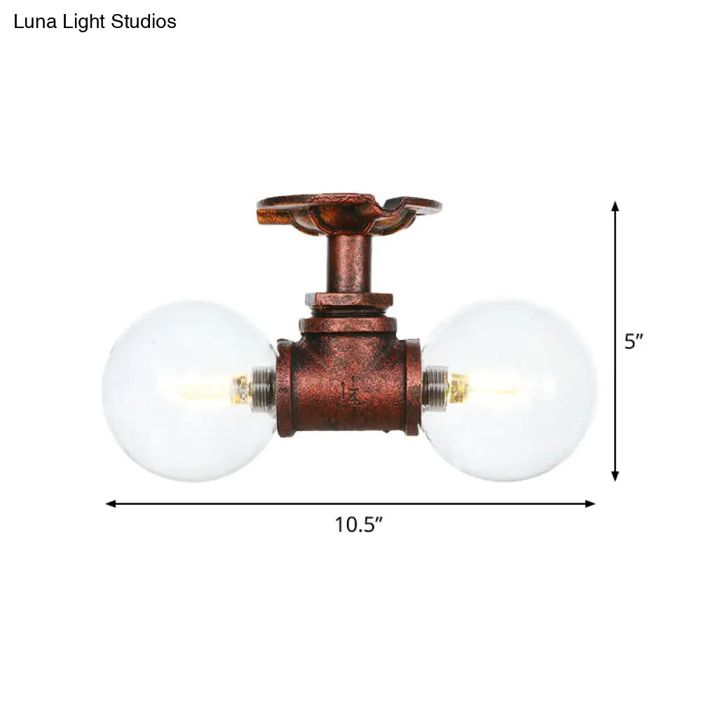 Antiqued Led Flush Mount Lamp With 2 Lights - Clear Glass & Copper Semi Lighting Ball