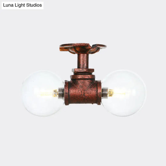 Antiqued Led Flush Mount Lamp With 2 Lights - Clear Glass & Copper Semi Lighting Ball