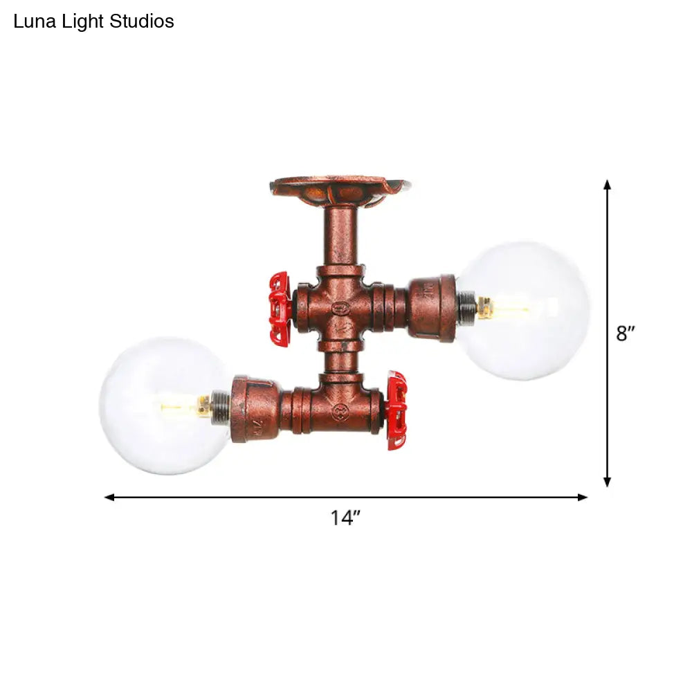 Antiqued Led Flush Mount Lamp With 2 Lights - Clear Glass & Copper Semi Lighting Ball