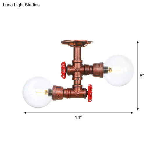 Antiqued Led Flush Mount Lamp With 2 Lights - Clear Glass & Copper Semi Lighting Ball