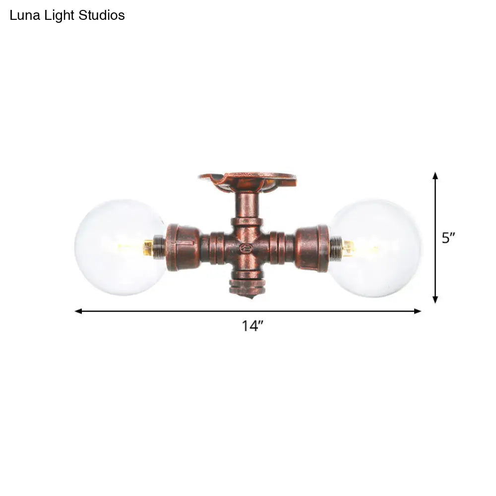 Antiqued Led Flush Mount Lamp With 2 Lights - Clear Glass & Copper Semi Lighting Ball