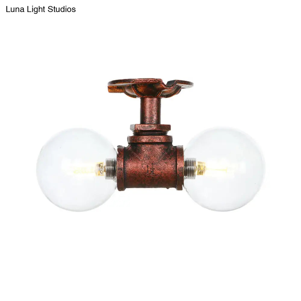 Antiqued Led Flush Mount Lamp With 2 Lights - Clear Glass & Copper Semi Lighting Ball