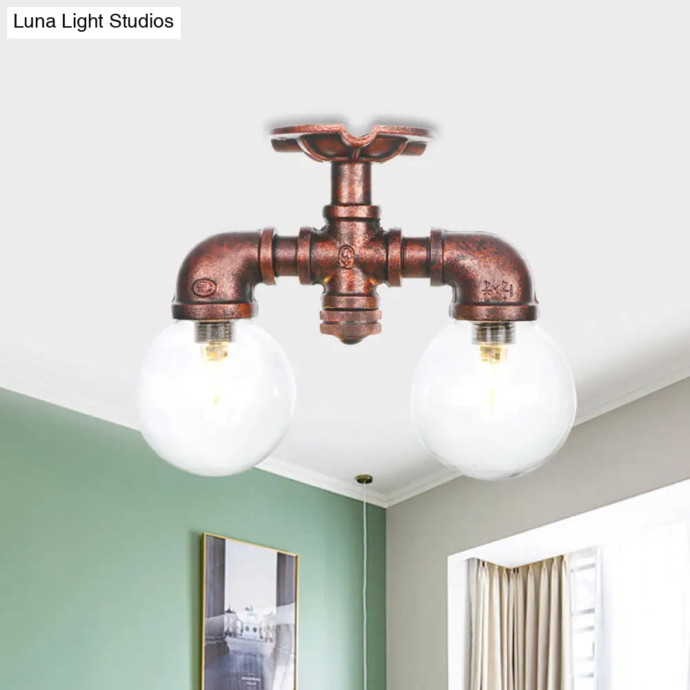 Antiqued Led Flush Mount Lamp With 2 Lights - Clear Glass & Copper Semi Lighting Ball