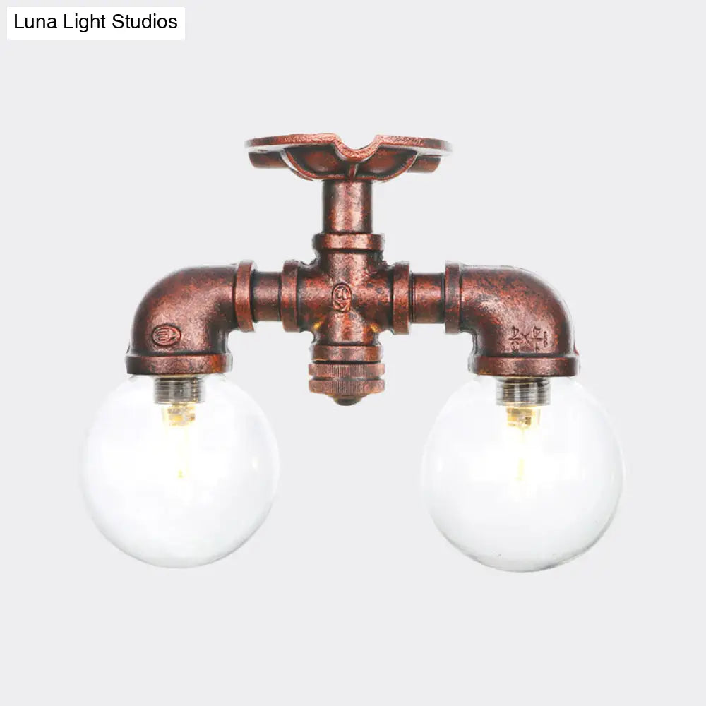 Antiqued Led Flush Mount Lamp With 2 Lights - Clear Glass & Copper Semi Lighting Ball