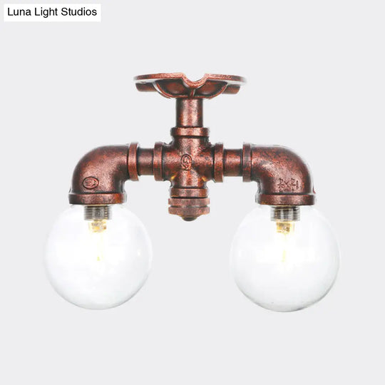 Antiqued Led Flush Mount Lamp With 2 Lights - Clear Glass & Copper Semi Lighting Ball