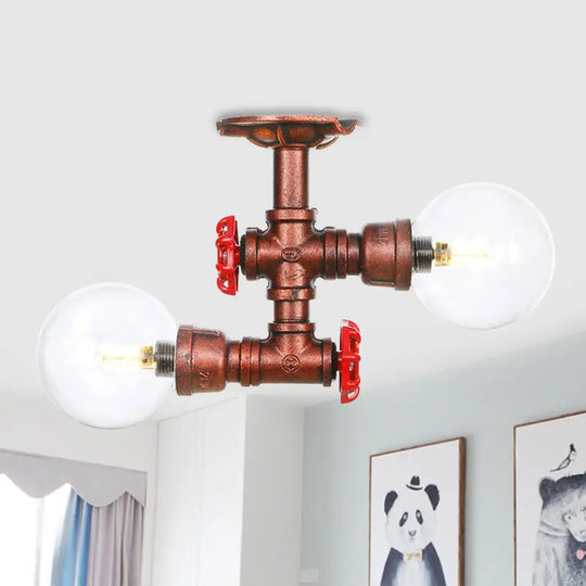 Antiqued Led Flush Mount Lamp With 2 Lights - Clear Glass & Copper Semi Lighting Ball / B