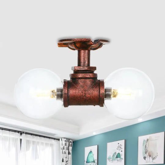 Antiqued Led Flush Mount Lamp With 2 Lights - Clear Glass & Copper Semi Lighting Ball / C