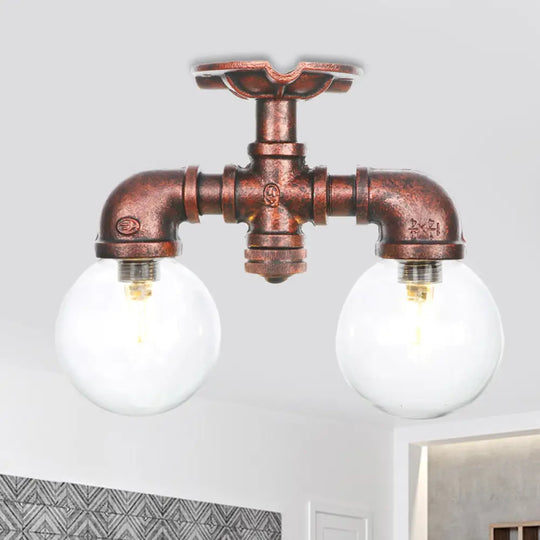 Antiqued Led Flush Mount Lamp With 2 Lights - Clear Glass & Copper Semi Lighting Ball / D
