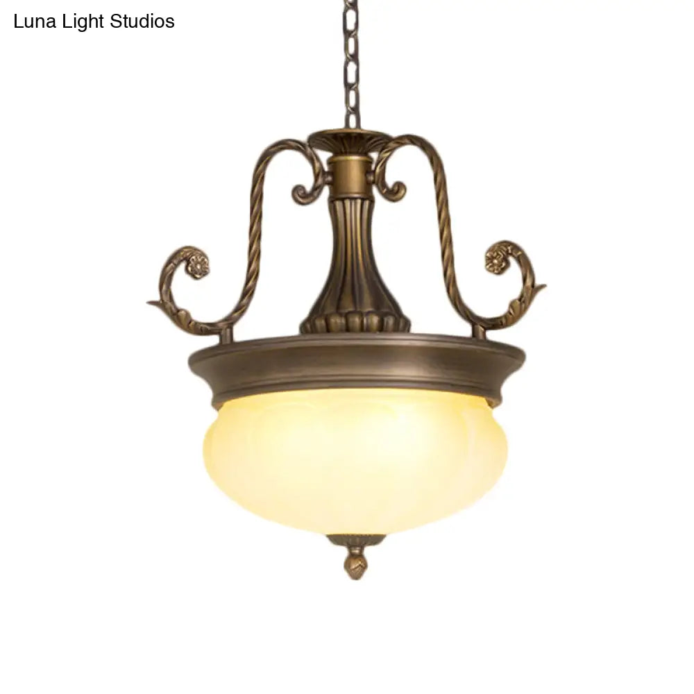 Antiqued Led Opal Glass Pendant Light With Brass Scroll Arm - Ideal For Corridor