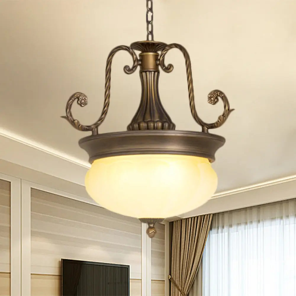 Antiqued Led Opal Glass Pendant Light With Brass Scroll Arm - Ideal For Corridor