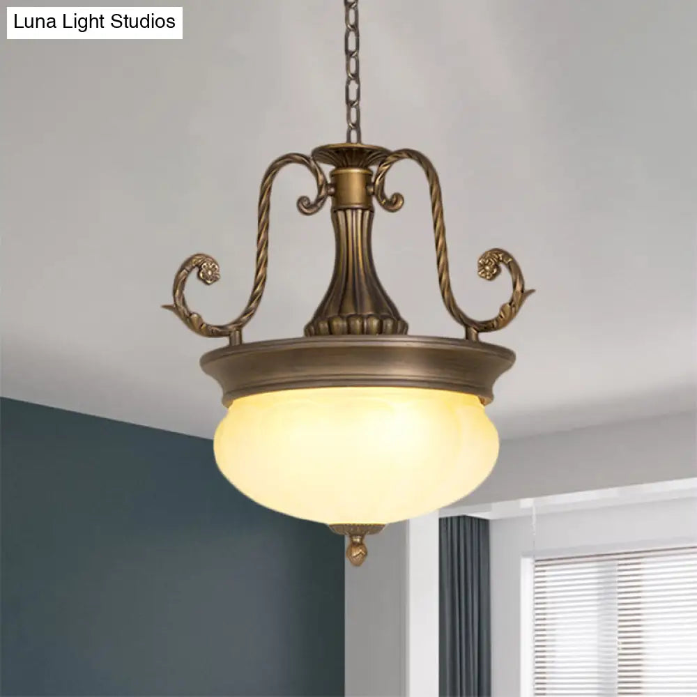 Antiqued Led Opal Glass Pendant Light With Brass Scroll Arm - Ideal For Corridor