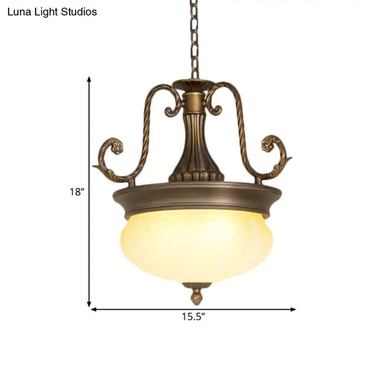 Antiqued Led Opal Glass Pendant Light With Brass Scroll Arm - Ideal For Corridor