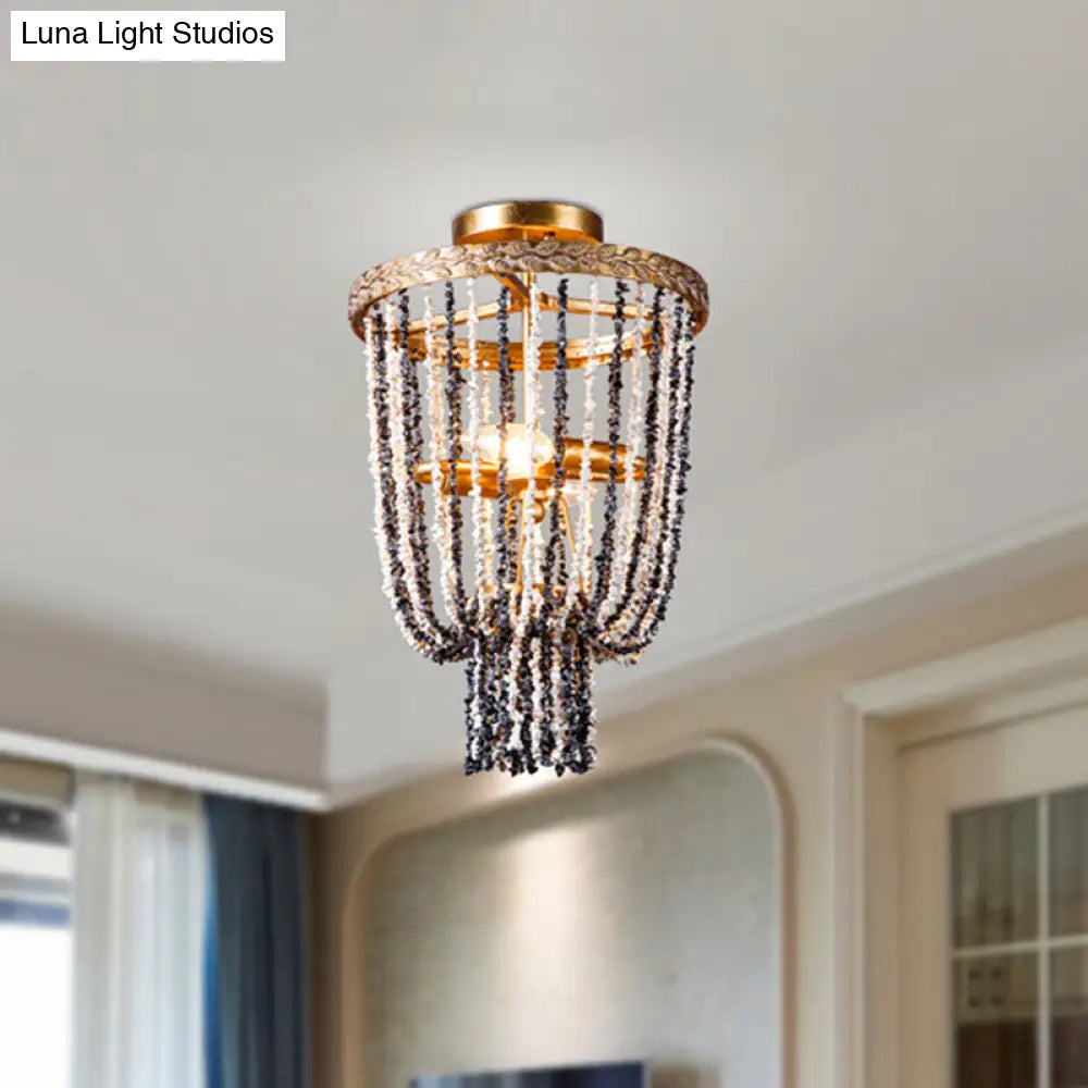 Antiqued Metal 2-Light Brass Flushmount: Basket Dining Room Lighting With Stone Chain