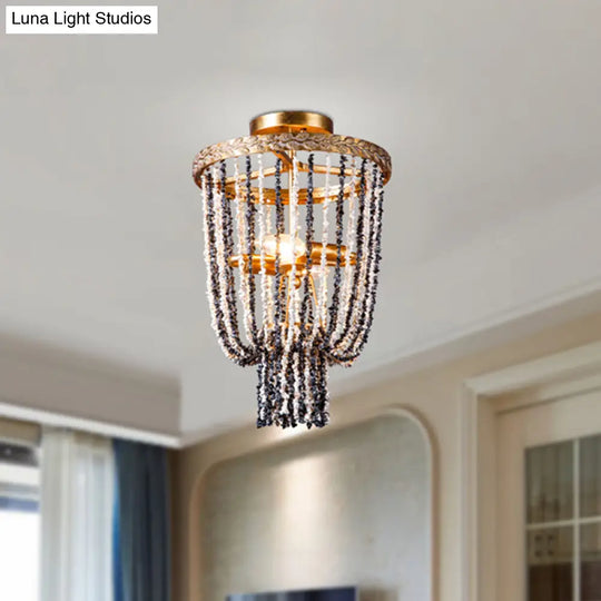 Antiqued Metal 2 - Light Brass Flushmount: Basket Dining Room Lighting With Stone Chain