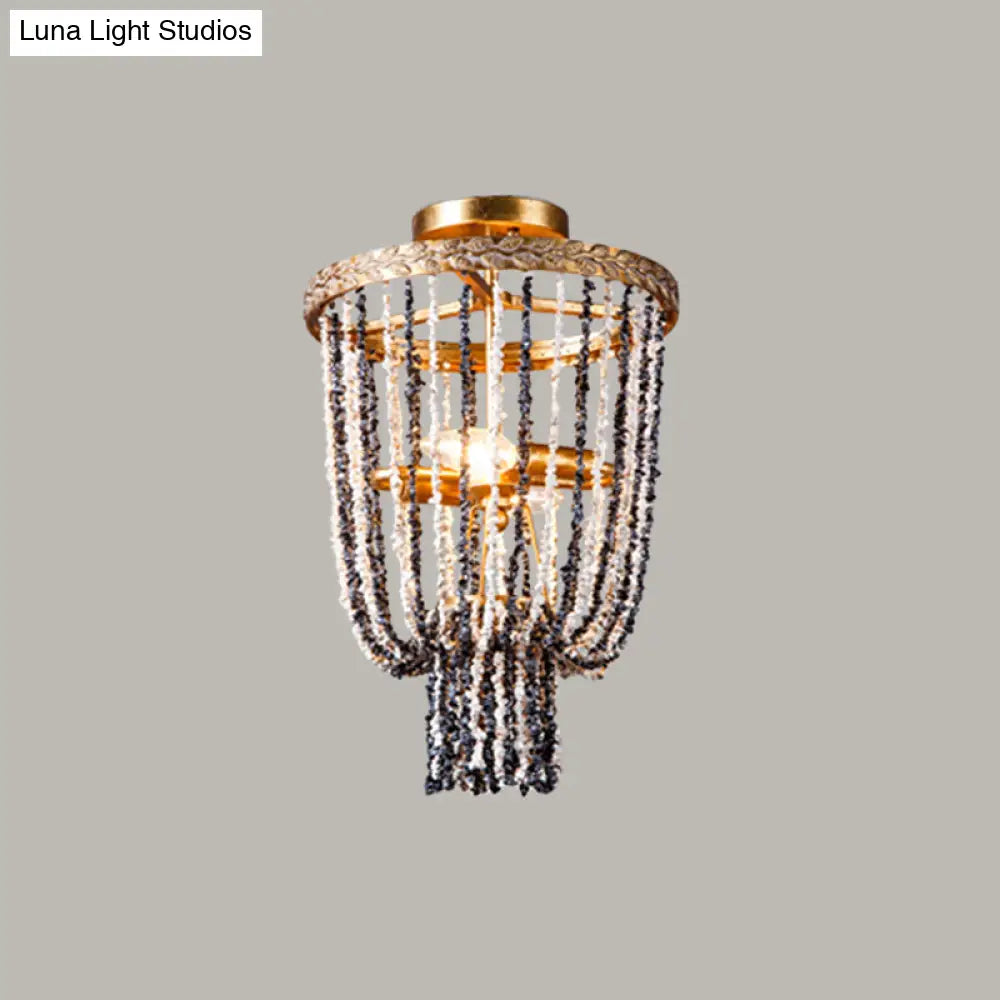 Antiqued Metal 2 - Light Brass Flushmount: Basket Dining Room Lighting With Stone Chain