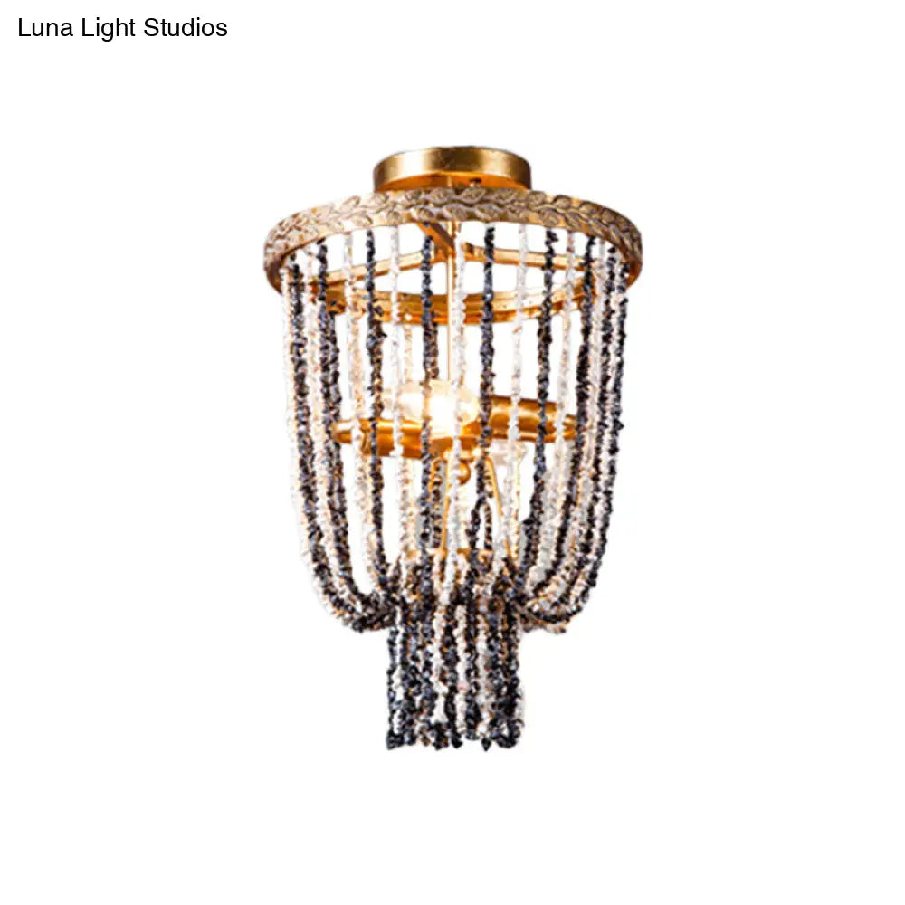 Antiqued Metal 2-Light Brass Flushmount: Basket Dining Room Lighting With Stone Chain