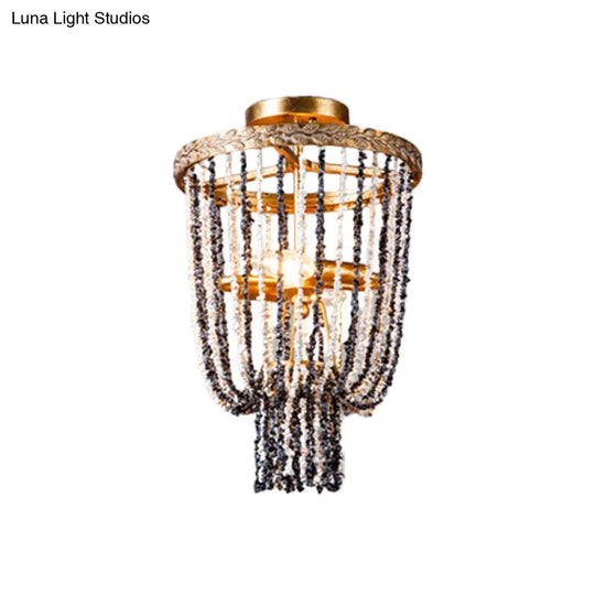 Antiqued Metal 2-Light Brass Flushmount: Basket Dining Room Lighting With Stone Chain