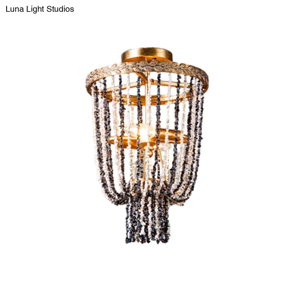 Antiqued Metal 2 - Light Brass Flushmount: Basket Dining Room Lighting With Stone Chain