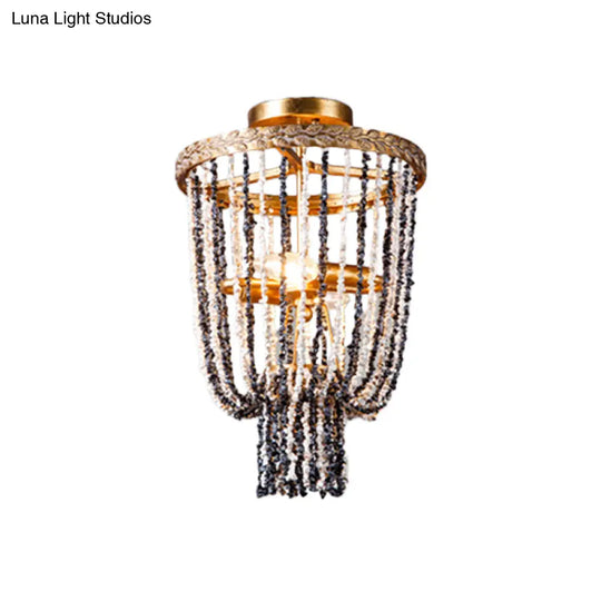 Antiqued Metal 2 - Light Brass Flushmount: Basket Dining Room Lighting With Stone Chain