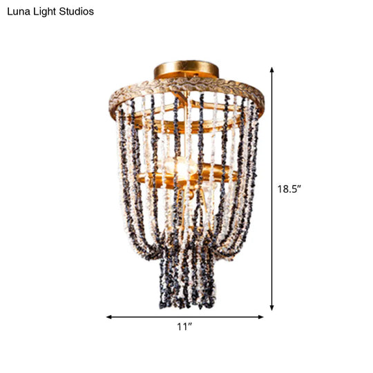 Antiqued Metal 2-Light Brass Flushmount: Basket Dining Room Lighting With Stone Chain