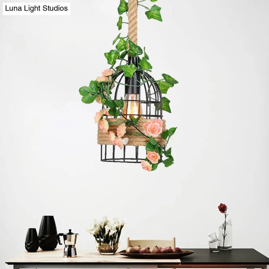 Antiqued Metal Birdcage Pendant With Rose Design And Rope Rod For Dining Room Ceiling Lighting