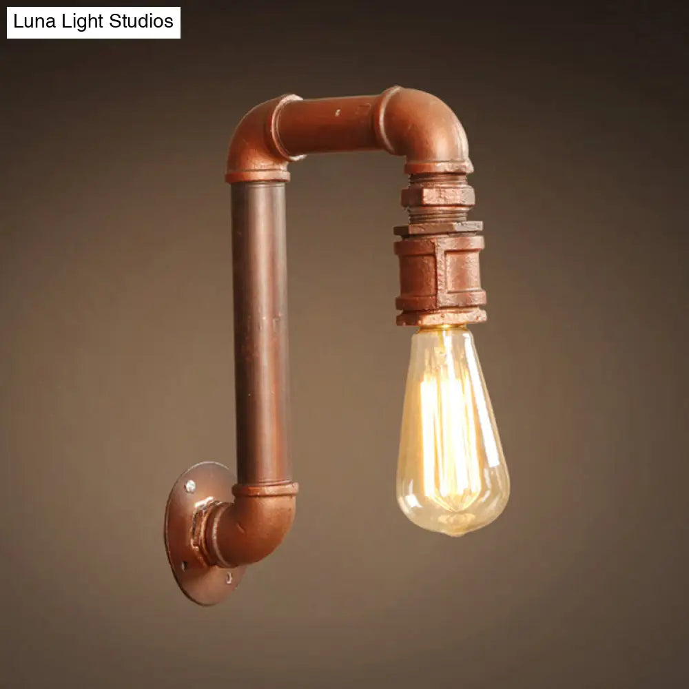 Antiqued Metal Coffee Bare Bulb Wall Sconce With Right Angle Pipe Arm