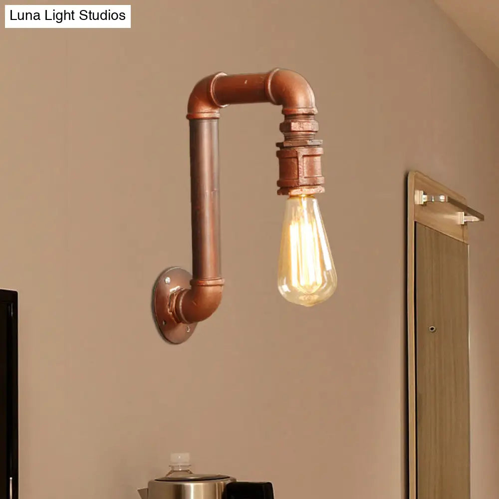 Antiqued Metal Coffee Bare Bulb Wall Sconce With Right Angle Pipe Arm