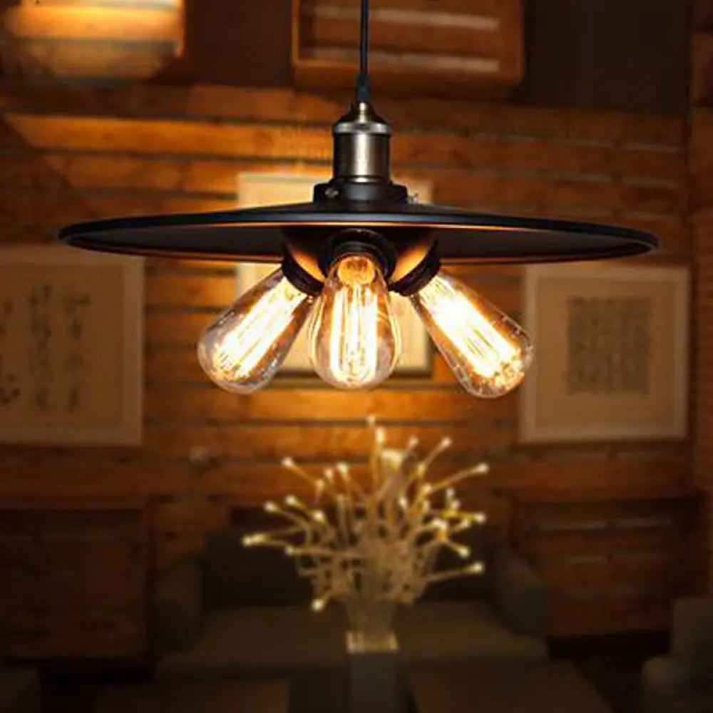Antiqued Metal Flared Pendant Chandelier With 3 Bulbs For Dining Room Lighting - Black Finish