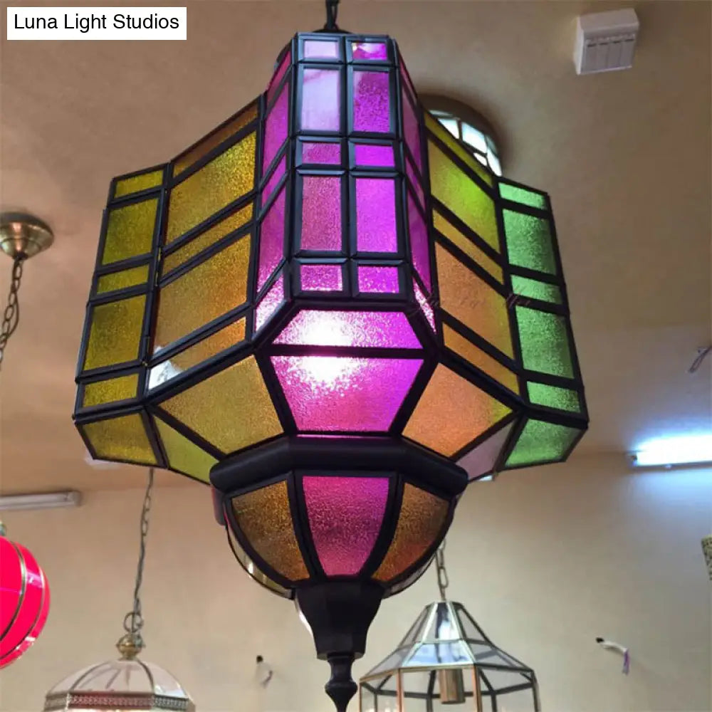 Antiqued Metal Lantern Ceiling Light: Purple Suspension Lamp