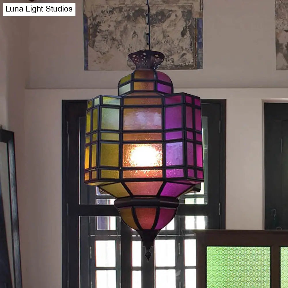 Antiqued Metal Lantern Ceiling Light: Purple Suspension Lamp