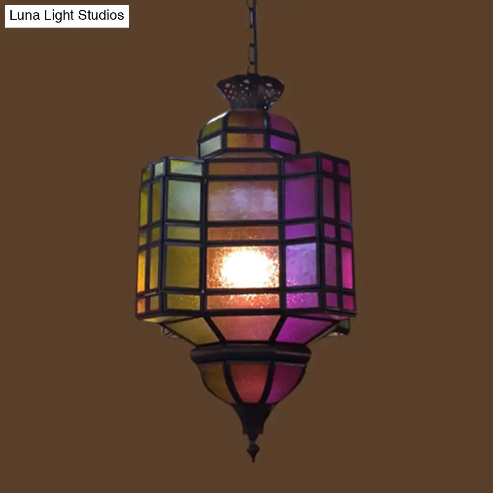 Antiqued Metal Lantern Ceiling Light: Purple Suspension Lamp