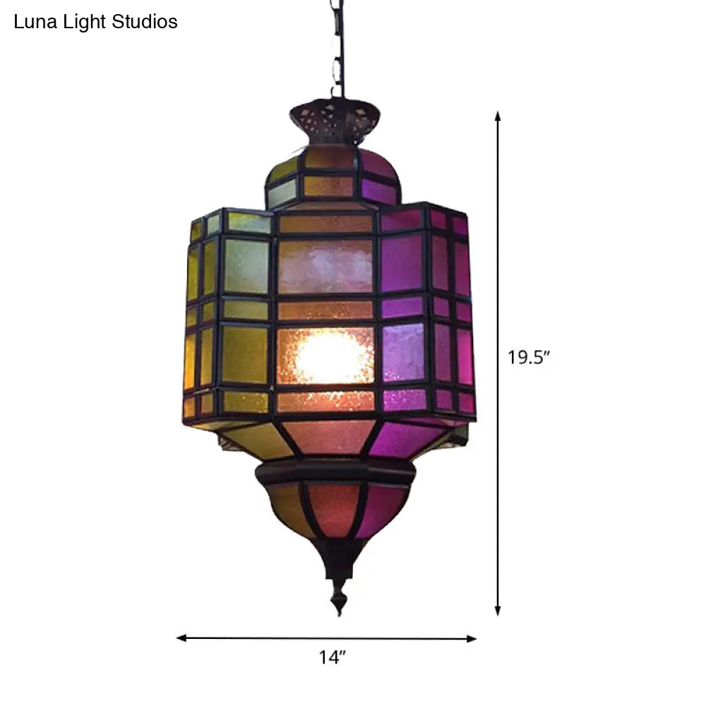 Antiqued Metal Lantern Ceiling Light: Purple Suspension Lamp