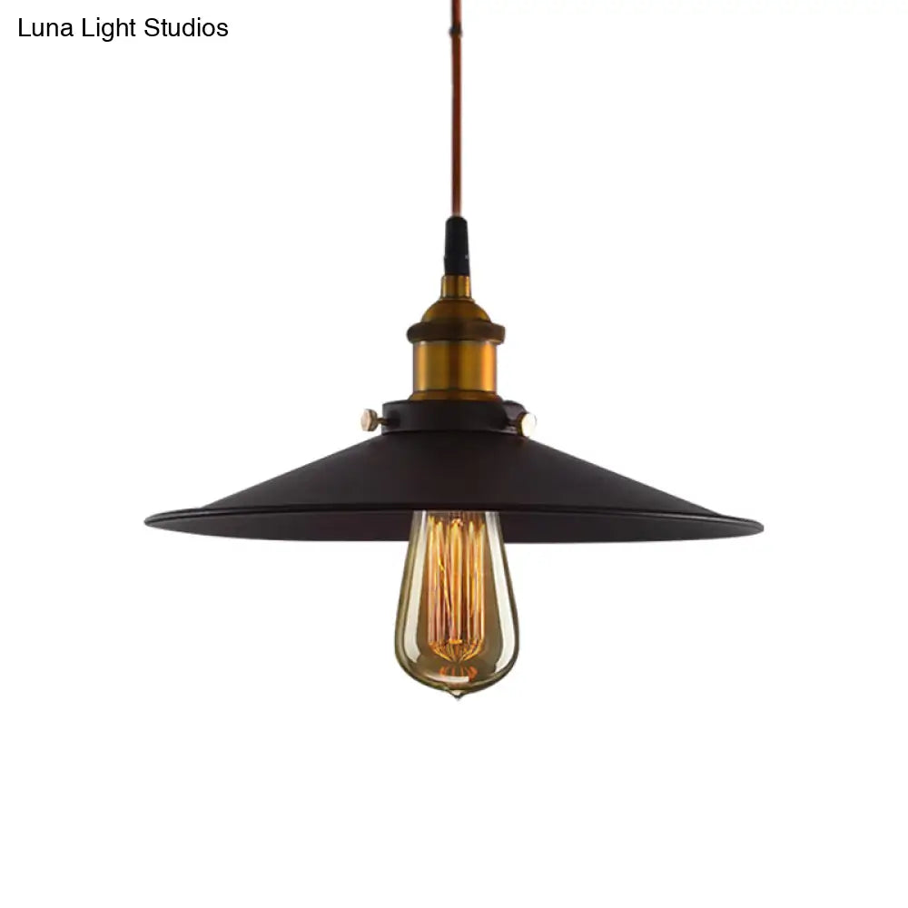 Antiqued Metal Pendant Light With Flare Design - 1 Pulley Hanging Ceiling Lamp In Black