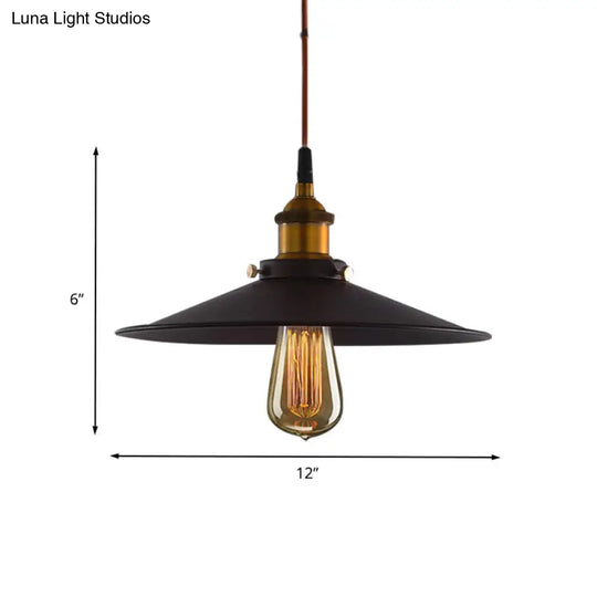 Antiqued Metal Pendant Light With Flare Design - 1 Pulley Hanging Ceiling Lamp In Black