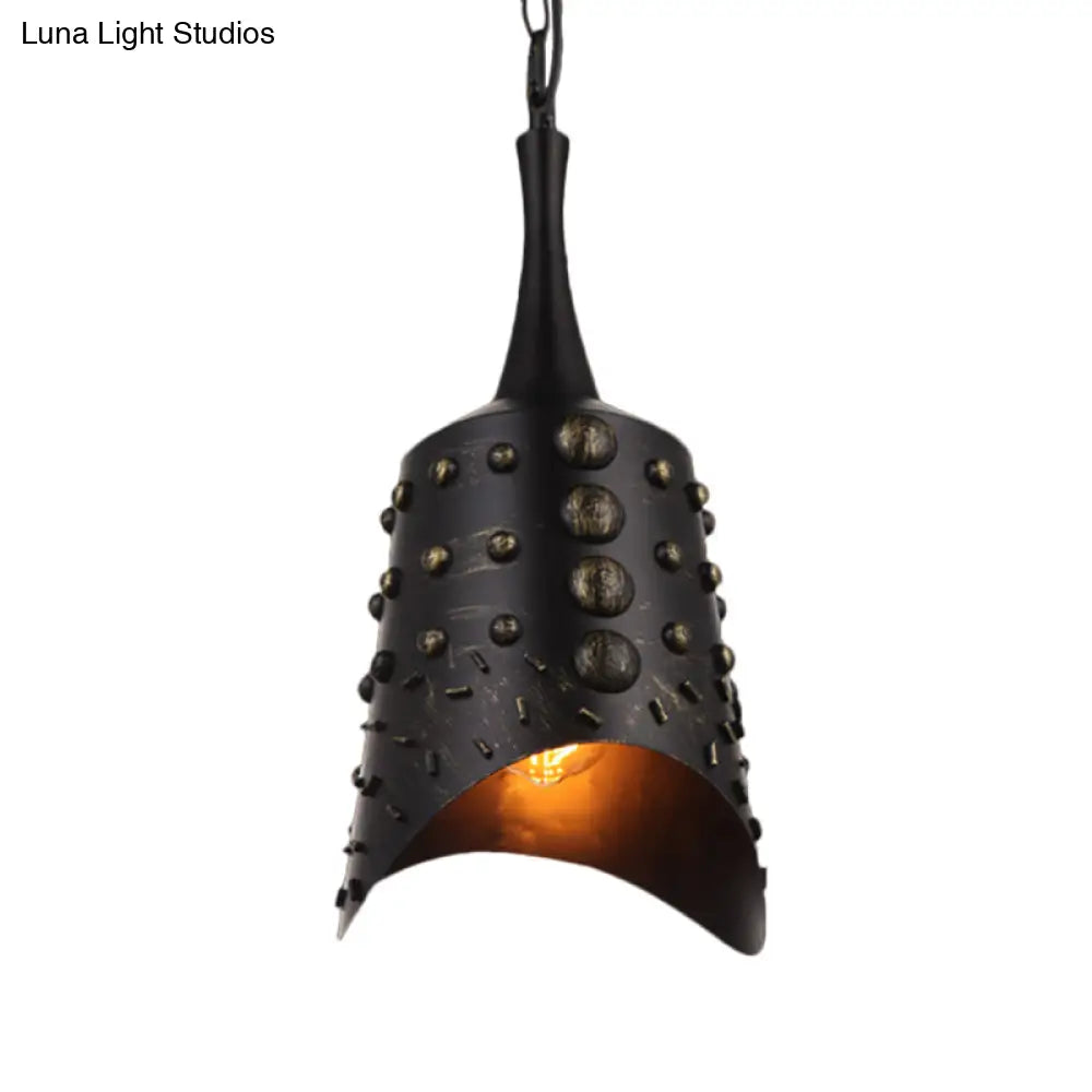 Antiqued Metallic Bell Bar Drop Pendant Light With Black Finish - 1-Light Suspension Lamp