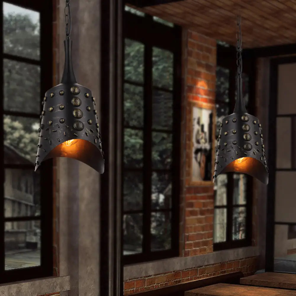 Antiqued Metallic Bell Bar Drop Pendant Light With Black Finish - 1-Light Suspension Lamp