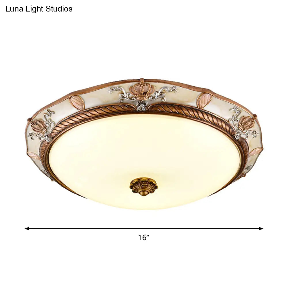 Antiqued Milk Glass Led Flushmount Lamp For Living Room Brown Cap Shape Ceiling Fixture - 14/16/19.5