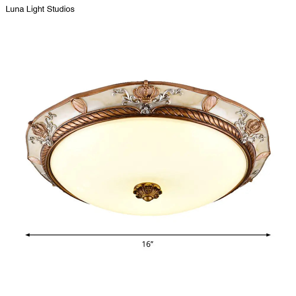 Antiqued Milk Glass Led Flushmount Lamp For Living Room Brown Cap Shape Ceiling Fixture -