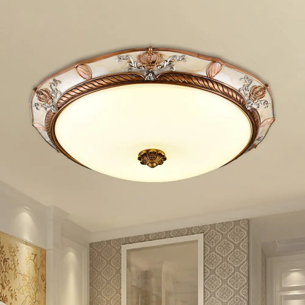 Antiqued Milk Glass Led Flushmount Lamp For Living Room Brown Cap Shape Ceiling Fixture -