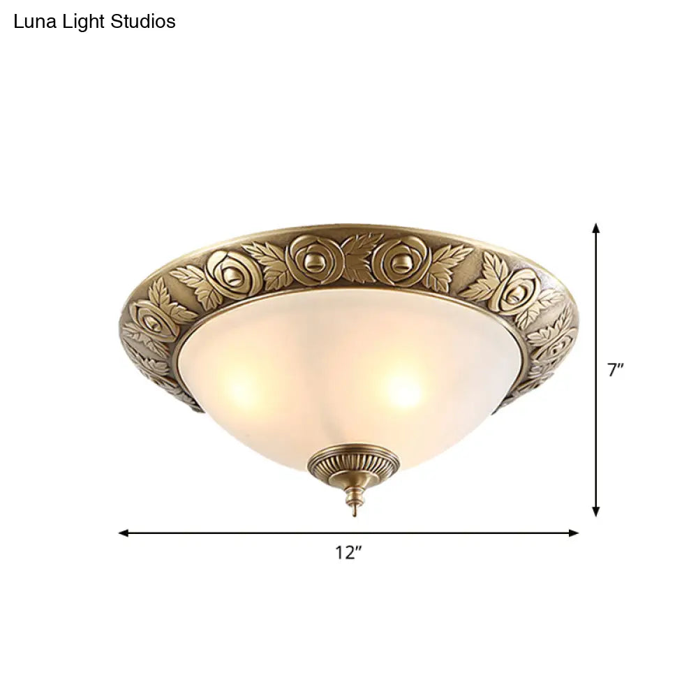Antiqued Milky Glass Bedroom Ceiling Light With Brass Flush Mount - 2/3-Head Available In 12 16 And