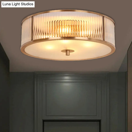 Antiqued Opaline Glass 3-Head Brass Flush Mount Light With Fluted Drum Design For Bedrooms Ceiling