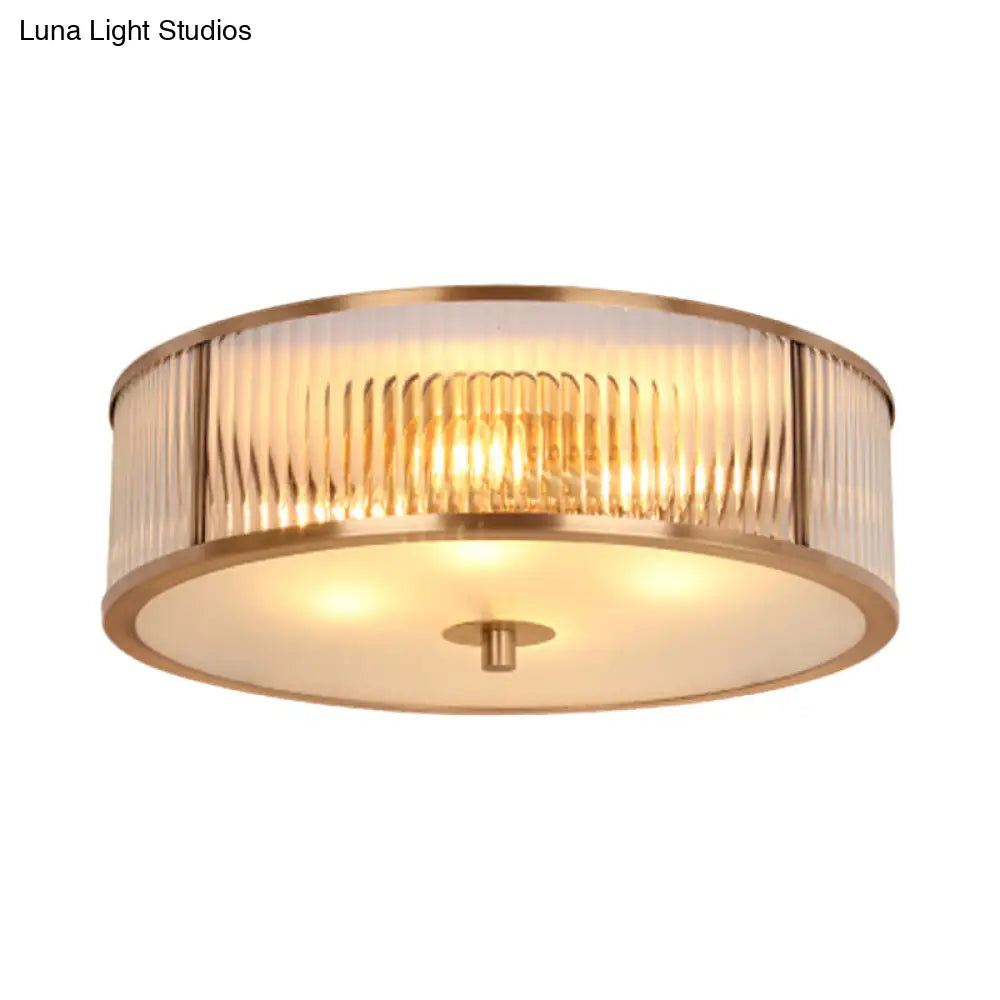 Antiqued Opaline Glass Fluted Drum Flush Mount Ceiling Light With Brass Accents - 3 Heads For