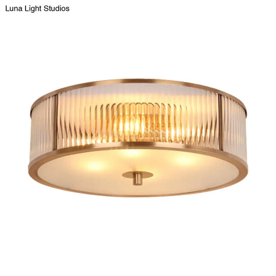 Antiqued Opaline Glass Fluted Drum Flush Mount Ceiling Light With Brass Accents - 3 Heads For