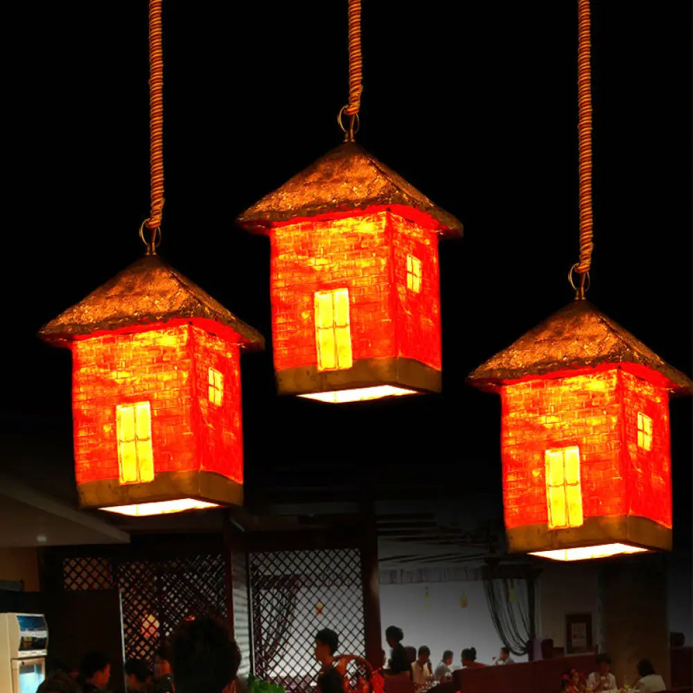 Antiqued Red Resin Suspension Light For Restaurants - Single Bulb Ceiling Fixture