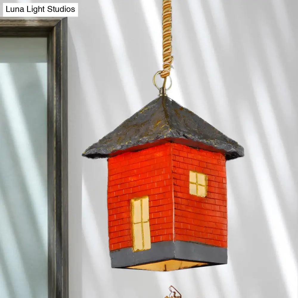Antiqued Red Resin Suspension Light For Restaurants - Single Bulb Ceiling Fixture