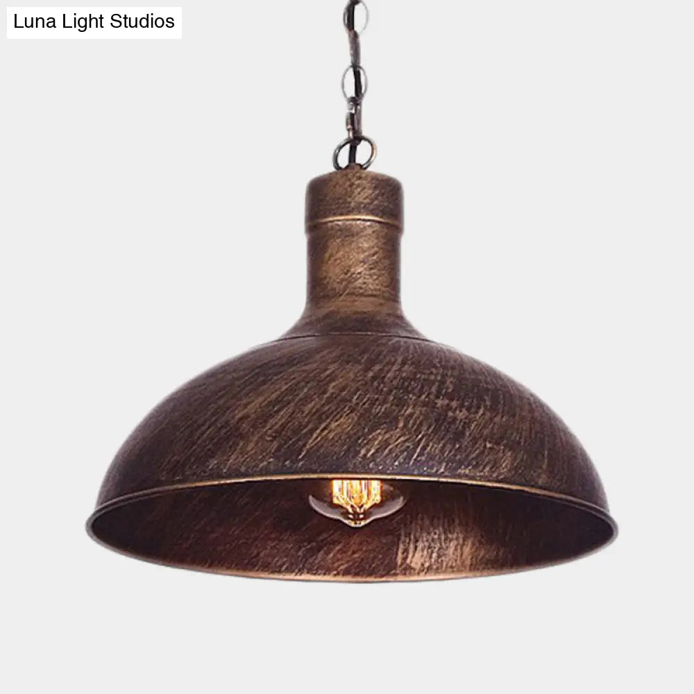 Antiqued Rust Finish Iron Dome 1-Head Suspension Light For Kitchen Ceiling - 12’/16’ Width