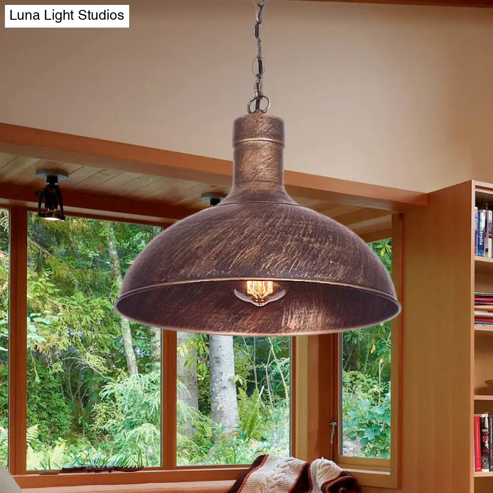 Antiqued Rust Finish Iron Dome 1-Head Suspension Light For Kitchen Ceiling - 12’/16’ Width