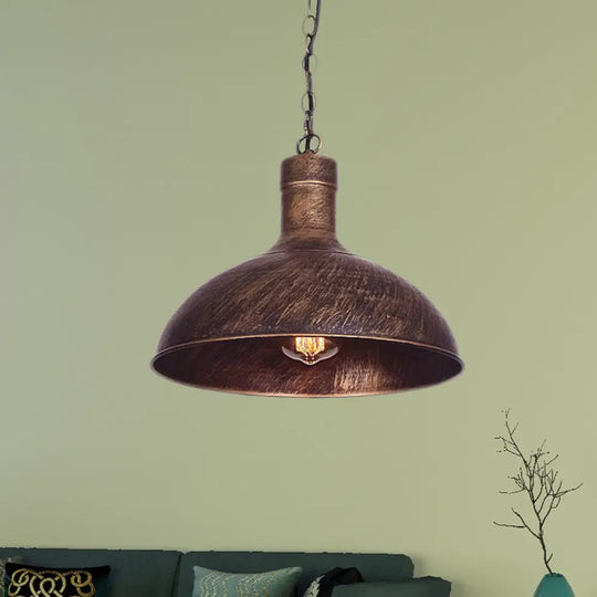 Antiqued Rust Finish Iron Dome 1-Head Suspension Light For Kitchen Ceiling - 12’/16’ Width / 12’