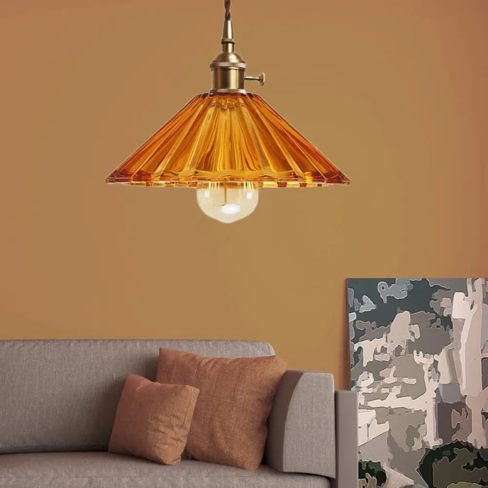 Antiqued Scalloped Pendant Lamp In Grey/Orange/Blue Glass With Brass Hanging Kit Orange