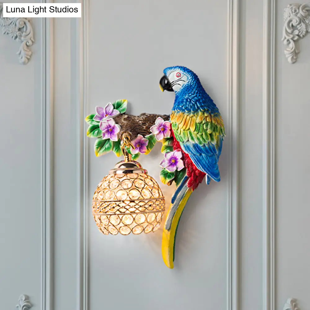 Antiqued Single Light Wall Sconce With Resin Parrot Design - Drawing Room Floral Lighting Idea In